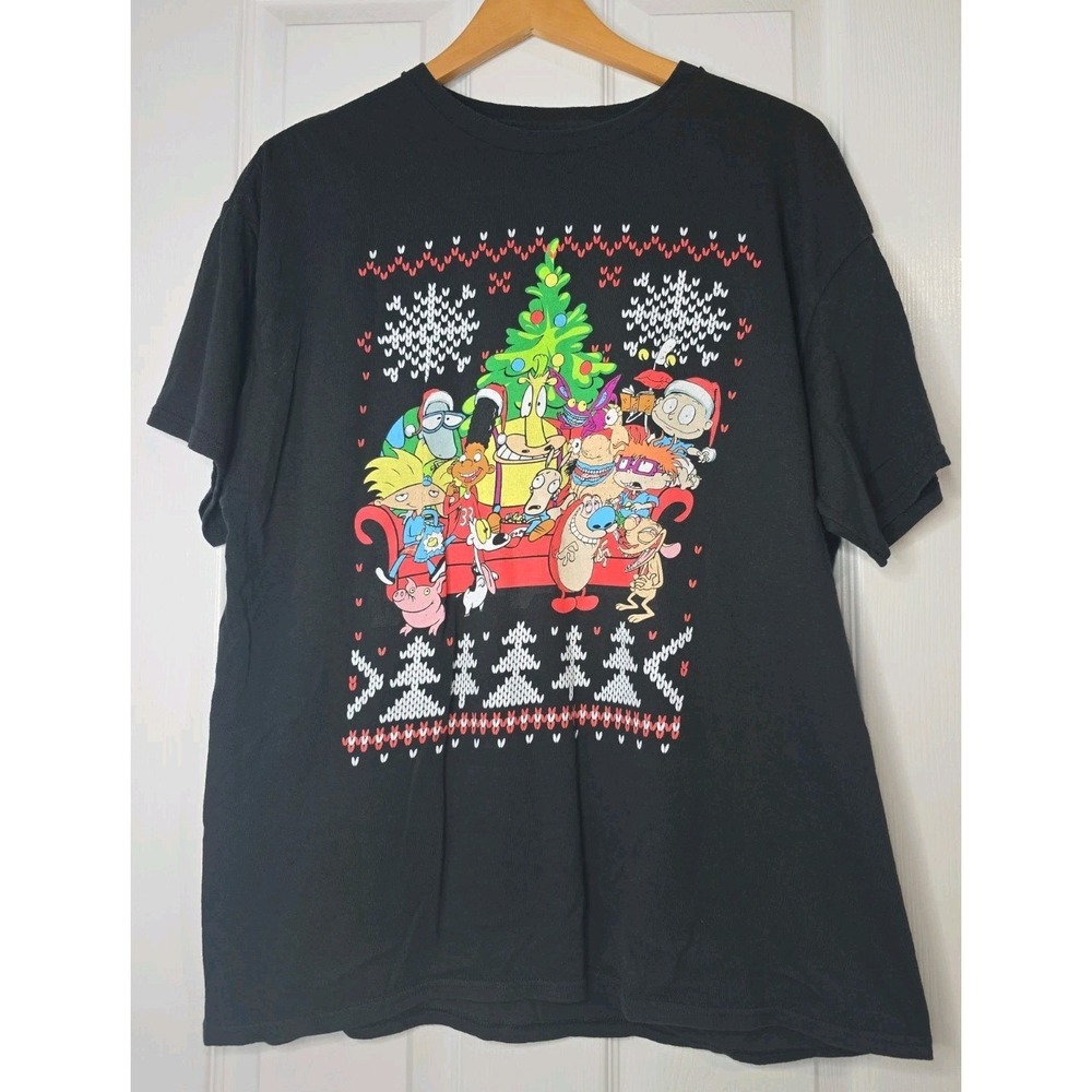 Rugrats Christmas T Shirt size L Black Nickelodeon Graphic Ren Stimpy Hey Arnold